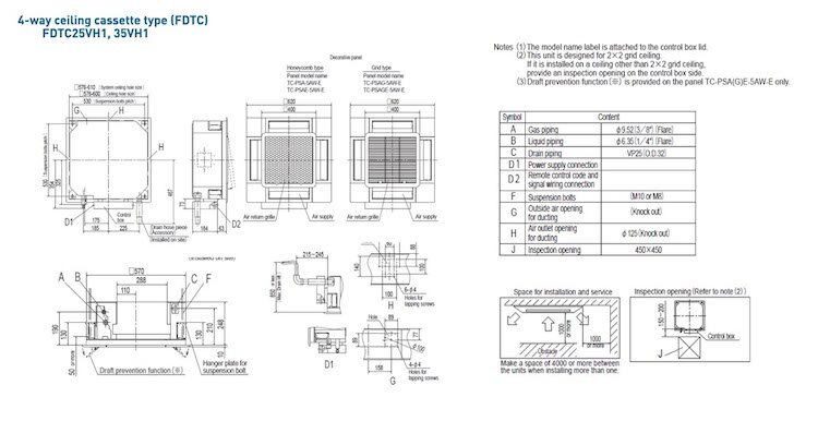 Maatschets tekening cassettemodel 60x60 FDTCxxVH